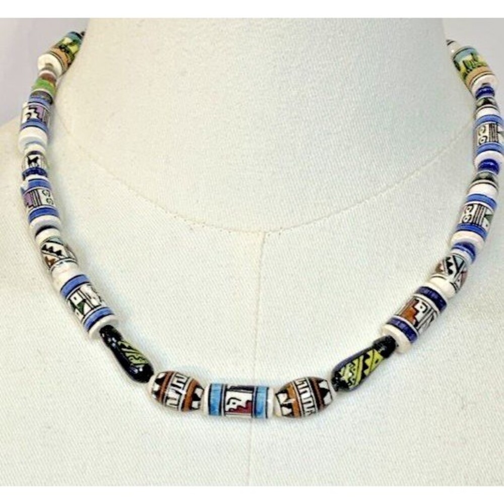 Vintage Peruvian Ceramic Bead Necklace Hand Painted Folk Art Scenic Beads 18"